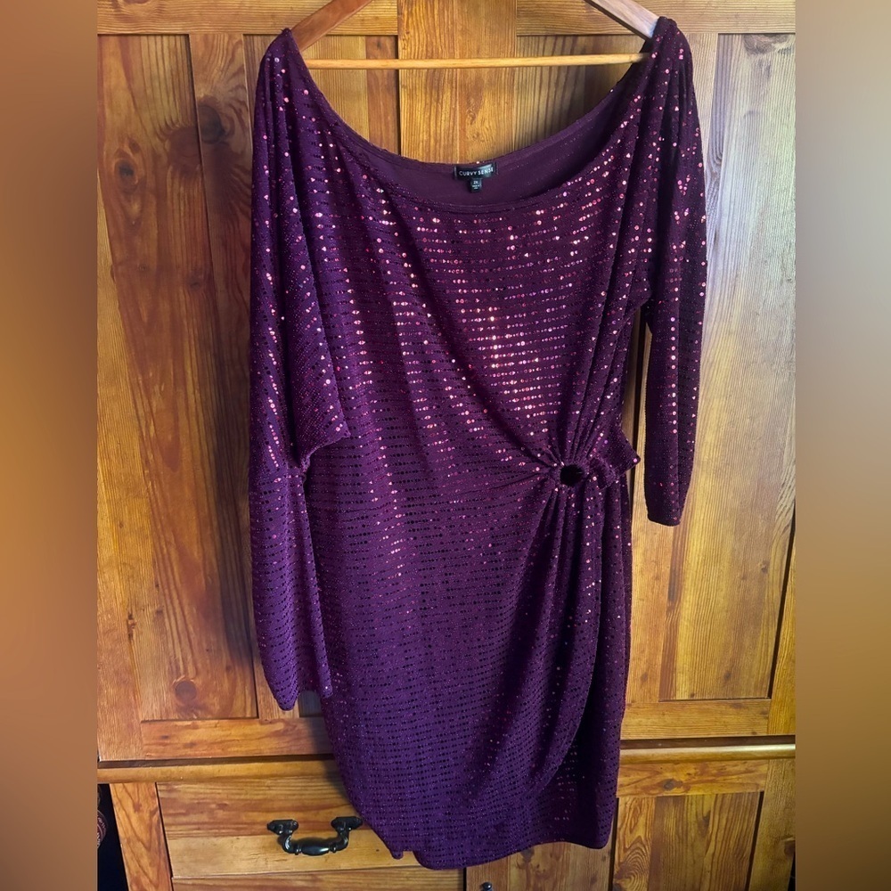 Curvy Sense Plus Size Kasandra Sequin Dress Burgundy 2X Holiday Party Sparkly
